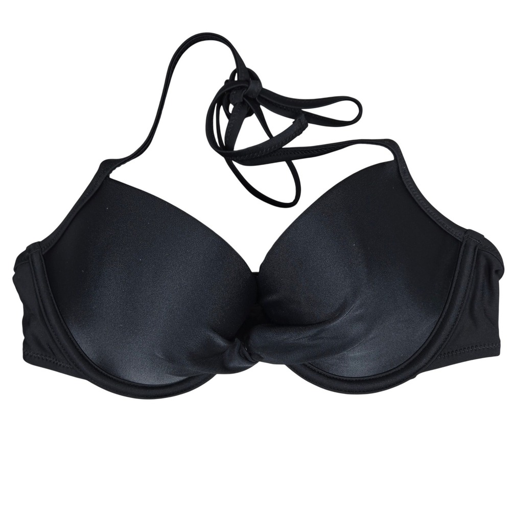 Aerie‎ Pushup Underwire Bikini Top Black US 32D Knot Front Halter Swim